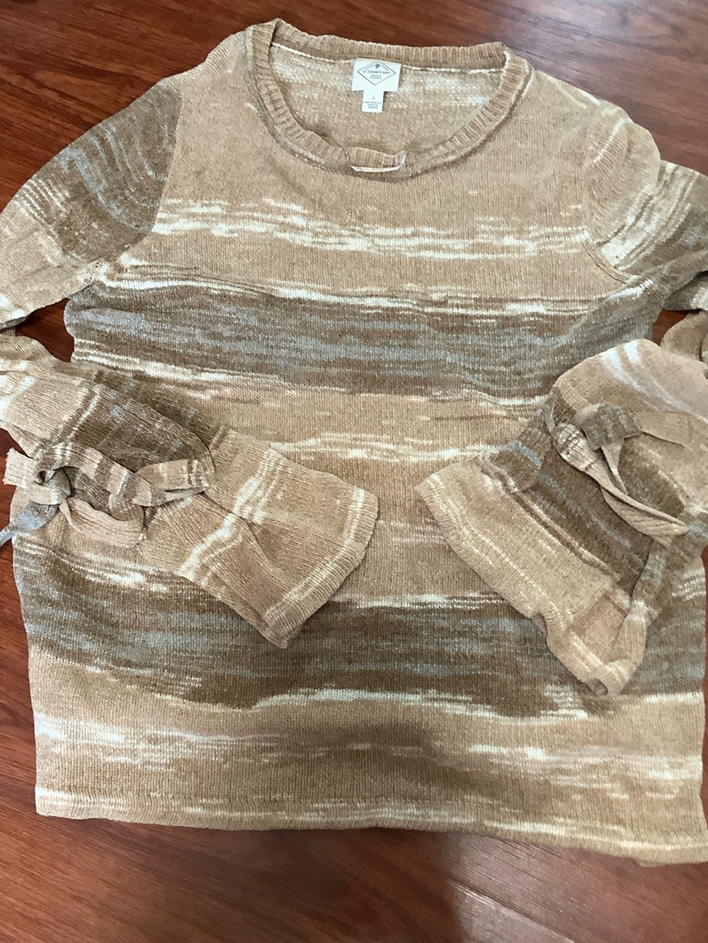 St. John's Bay Tan & Cream Striped Ruffle-Sleeve Sweater
